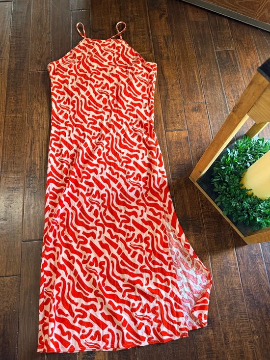 Red Patterned Slip Maxi Dress - Picture 2 of 6